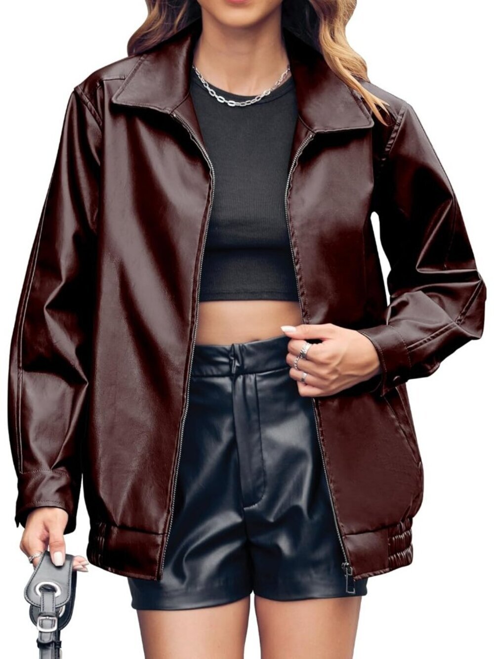 Women's Dark Brown Polyester Oversized Faux Casual Zip Up Trendy Leather Jacket